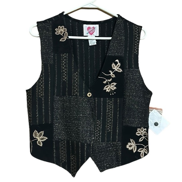 Keren Hart Vintage Vest Wool Leather Blend Embroidered Flowers Black Size M NWT - Picture 1 of 8